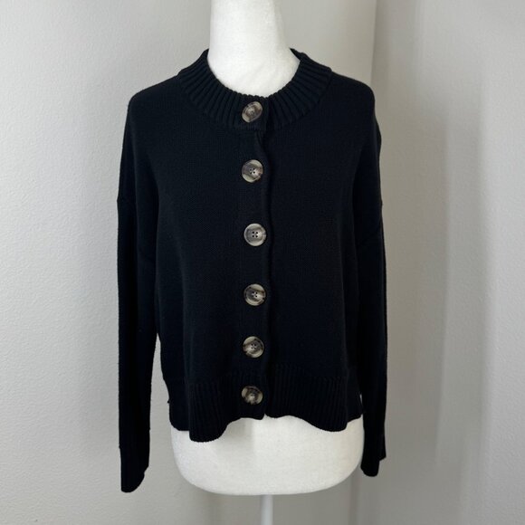 Quince Black Button Up Cardigan XS Sweater Side Slits Cotton - Picture 1 of 12